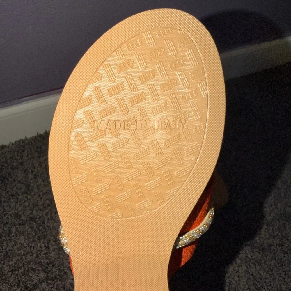Italian Shoemakers Womens Orange Rhinestone Thong Sandals Made in Italy Size 5